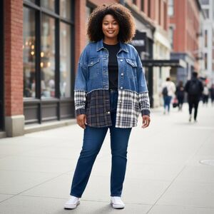 Sugarfox Womens Mixed Media Plus Size 1X Denim Plaid Patchwork Shacket Good